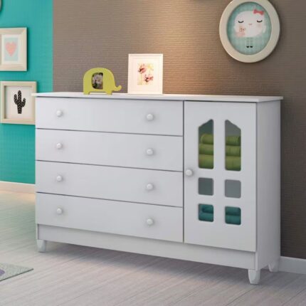 Cômoda de Bebê 1 Porta 4 Gavetas Grand Selena Carolina Baby Branco Brilho